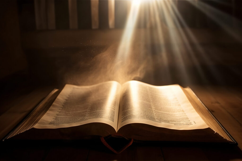 open book wooden desk with light rays holy bible quran (1)